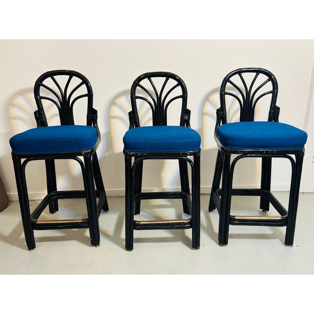 1970s Vintage Rattan Counter Stools Trio Blue Seats Fan Back For Sale - Image 4 of 12