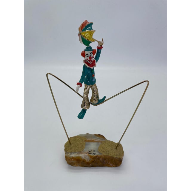 Figurative Vintage Ron Lee High Wire Circus Clown Sculpture With Umbrella on Natural Onyx Base, Signed 1984 For Sale - Image 3 of 11