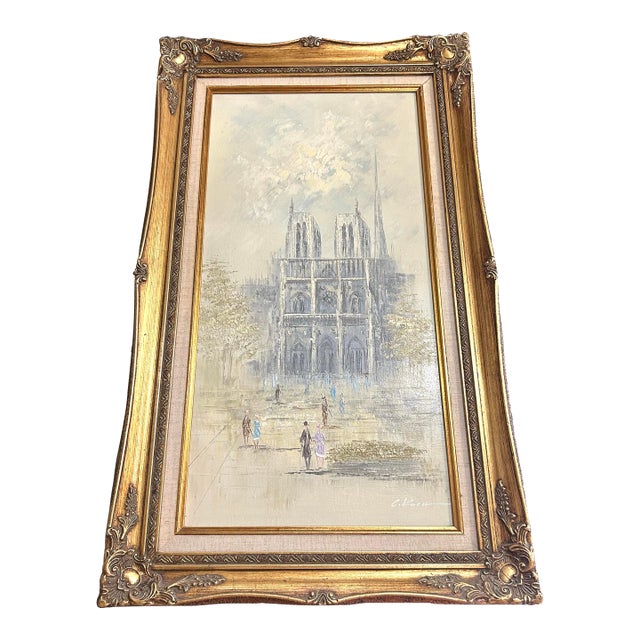 Vintage, Signed, Original Oil on Canvas, by Artist C Koch, Gold, Baroque Frame, the Cathedral of Notre Dame/Parisan Scene, Impressionism, Impasto For Sale