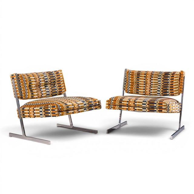 Harvey Probber Mid Century Cantilevered Chrome Slipper Lounge Chairs - Pair Each chair measures: 28.75 wide x 29 deep x 27...