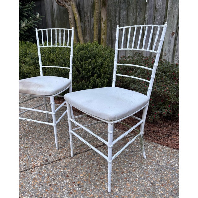 Vintage Early to Mid Twentieth Century Wrought Iron Faux Bamboo Petite Side Chairs, a Pair For Sale - Image 4 of 10