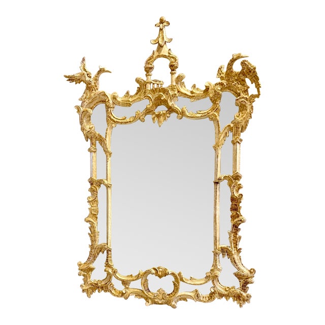 Early 20th Century Chinese Chippendale Carved Gilt Wood Mirror With Ho-Ho Birds For Sale