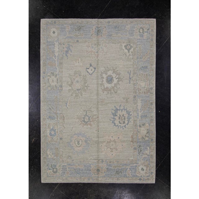 Turkish Oushak Rug Soft Gray and Blue Tones Handwoven Wool Rug 5' X 7'1" For Sale - Image 10 of 10
