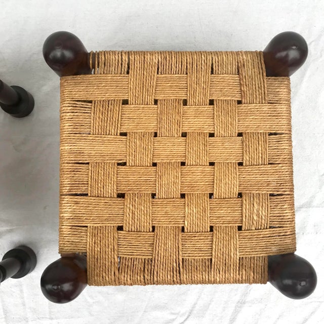 Brown Vintage Woven Jute and Mahogany Stools - Set of 3 For Sale - Image 8 of 12