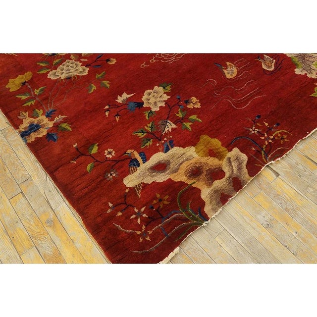 1920s Red Floral Antique Chinese Art Deco Water Bird Rug 8'2" X 9'8" Wool Carpet For Sale In New York - Image 6 of 10