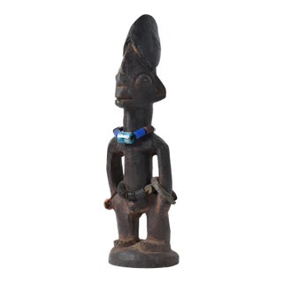 Early 20th Century Yoruba Ibeji Male Figure With Glass Bead Necklace Nigeria For Sale