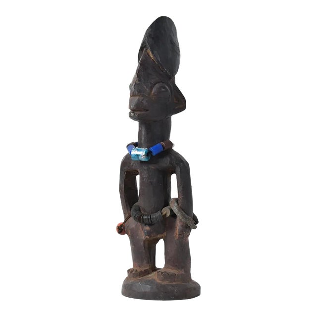 Early 20th Century Yoruba Ibeji Male Figure With Glass Bead Necklace Nigeria For Sale