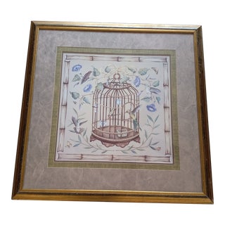 1990s Vintage Hummingbirds Morning Glory Wall Art in Antique Brass Color Frame For Sale