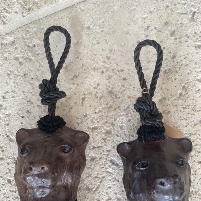 French Country Early 20th Century Pair of Bear Head Leather Wrapped Curtain Tieback Tassels For Sale - Image 3 of 10