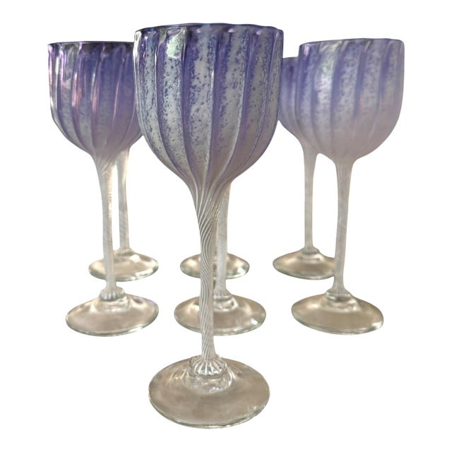 1990s Attributed Cam Langley Hand Blown Iridescent Lavender Art Glass Wine Goblets – Set of 7 For Sale