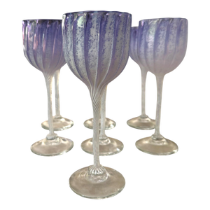 1990s Attributed Cam Langley Hand Blown Iridescent Lavender Art Glass Wine Goblets – Set of 7