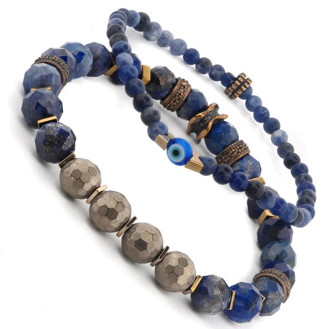 Contemporary Deep Wisdom Lapis & Evil Eye Beaded Bracelet Set For Sale - Image 3 of 7