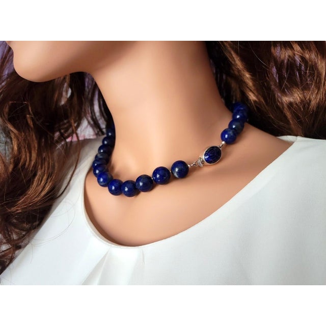 Contemporary Lapis Lazuli Beaded Necklace With Vintage Sterling Silver Scarab Clasp For Sale - Image 3 of 7