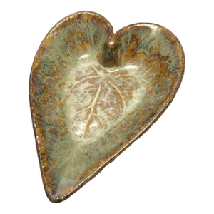 Ceramic Studio Art Pottery Glazed Heart Leaf Print Trinket Dish Tray, Signed