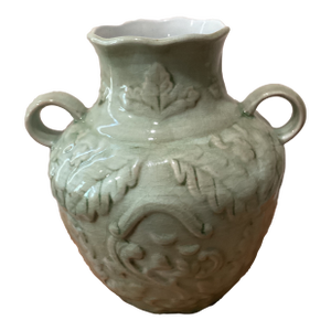 Vintage Celadon Glaze Crackle Finish With Handles Raised Floral Pattern Porcelain Vase