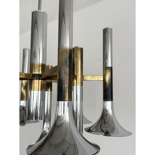 Large Italian Chrome and Brass Trumpet Chandelier attributed to Lumi Milano, 1970s For Sale - Image 17 of 18
