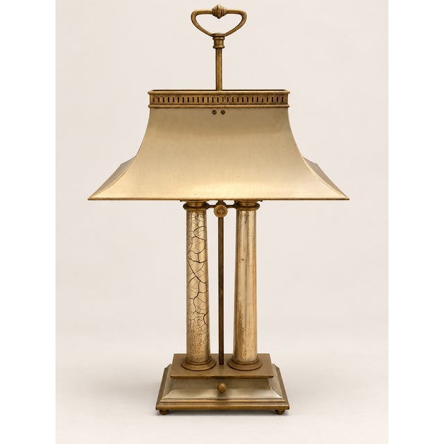 Neoclassical - bouillotte inspired two candle style lamp. A flared rectangular metal shade, pierced upper rim and...