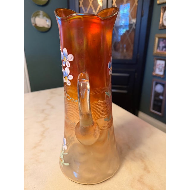 Orange Antique Fenton Carnival Glass Pitcher "Forget-Me-Not" Iridescent Glass Ca. 1912 For Sale - Image 8 of 12