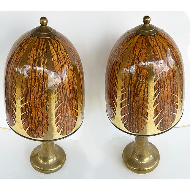 Mid-Century Modern 1960s Gabriella Crespi Brass Lamps, Resin "Tobacco Leaf" Shades - a Pair For Sale - Image 3 of 15