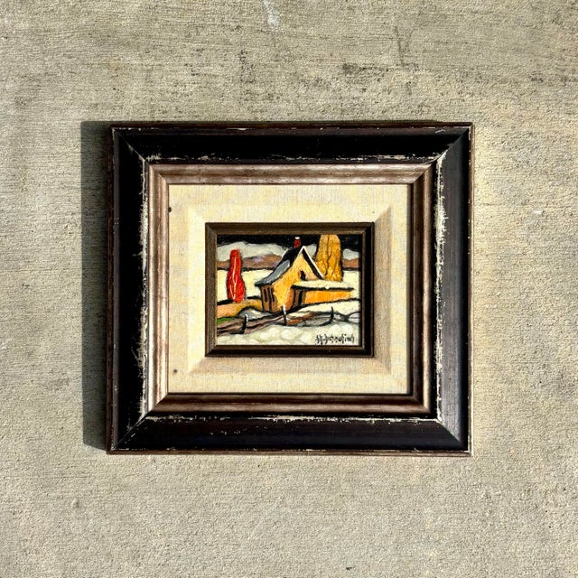 Mid-Century Modern Vintage Boho Winter Farm Oil Painting in Frame For Sale - Image 3 of 8