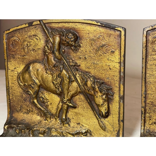 1920s Pair of Antique Gold Gilded Iron Indian on Horse Equestrian Ride Home Bookends For Sale - Image 5 of 9