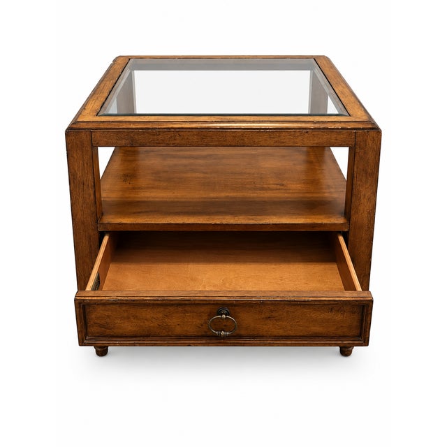 Traditional Vintage 1980s Lexington Traditional Wood and Glass End Table With Drawer For Sale - Image 3 of 9