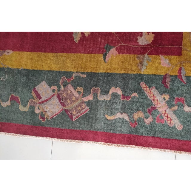 Art Deco 1920s Red Floral Antique Chinese Art Deco Rug 9' X 11'8" Handknotted Wool Carpet For Sale - Image 3 of 7