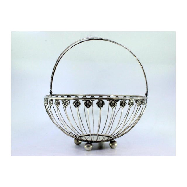 Silver Fruit Bowl with Raised Floral Motifs, Handle with Monogram Plaque and Ball-Shaped Feet For Sale - Image 4 of 8