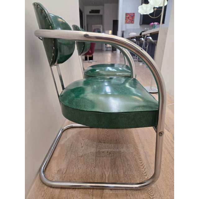 Mid 20th Century Mid 20th Century Art Deco Accent Chairs - Pair - Chrome and Green - Attributed to Kem Weber for Lloyd’s Manufacturing For Sale - Image 5 of 18