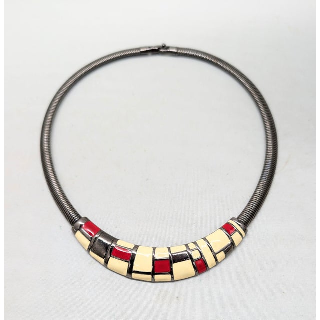 Metal Vintage 1980s Signed Monet Gunmetal White, Red & Black Enamel Mondrian Inspired Collar Necklace For Sale - Image 7 of 10