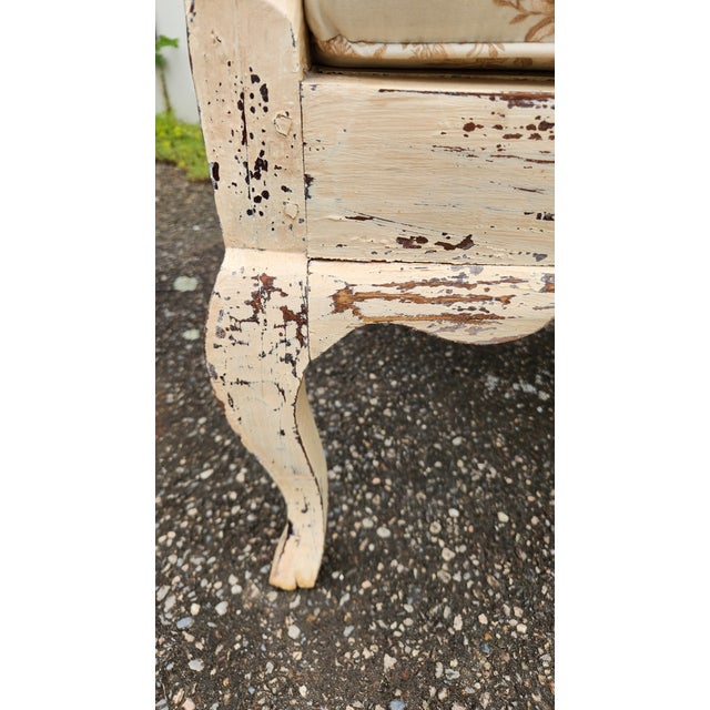 Vintage French Country Distressed Cream Painted Carved Wood Settee With Custom Toile Cushion For Sale - Image 14 of 15