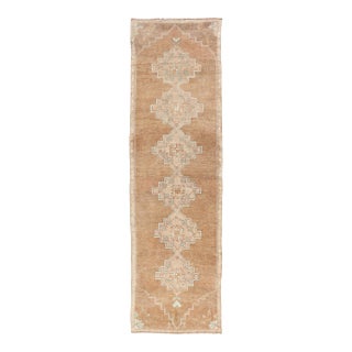 Antique Turkish Kars Runner With Faded Taupe and Pale Aqua Geometric Medallions For Sale