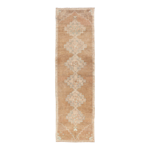 Antique Turkish Kars Runner With Faded Taupe and Pale Aqua Geometric Medallions