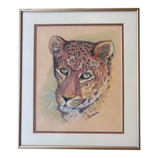 Vintage Signed Pastel Leopard Portrait – Framed Wildlife Big Cat Art by Joanmarie For Sale