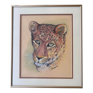 Vintage Signed Pastel Leopard Portrait – Framed Wildlife Big Cat Art by Joanmarie