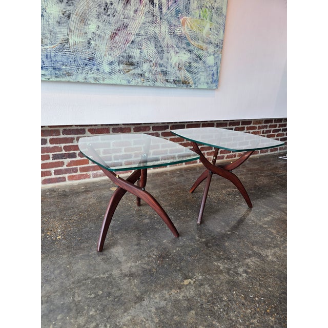 See our other listing for the matching end tabl... Exquisite Forest Wilson sculpted walnut and glass end tables. Unmarked...
