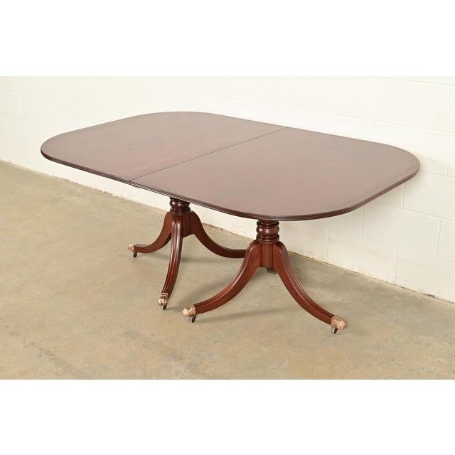 Brown Baker Furniture Style Georgian Banded Mahogany Double Pedestal Extension Dining Table, Newly Refinished For Sale - Image 8 of 14