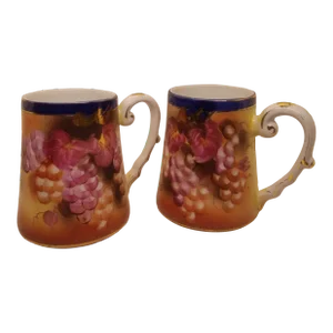 Vintage Limoges Porcelain ~ Mugs/ Steins/ Tankards ~ Hand Painted With a Vibrant Gold and Purple Grape Motif, Set of 2