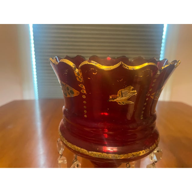 Victorian Pair of Bohemian Ruby Cranberry Glass Mantle Lusters With Gold Bird and Peacock Motifs and Crystal Prisms For Sale - Image 3 of 14