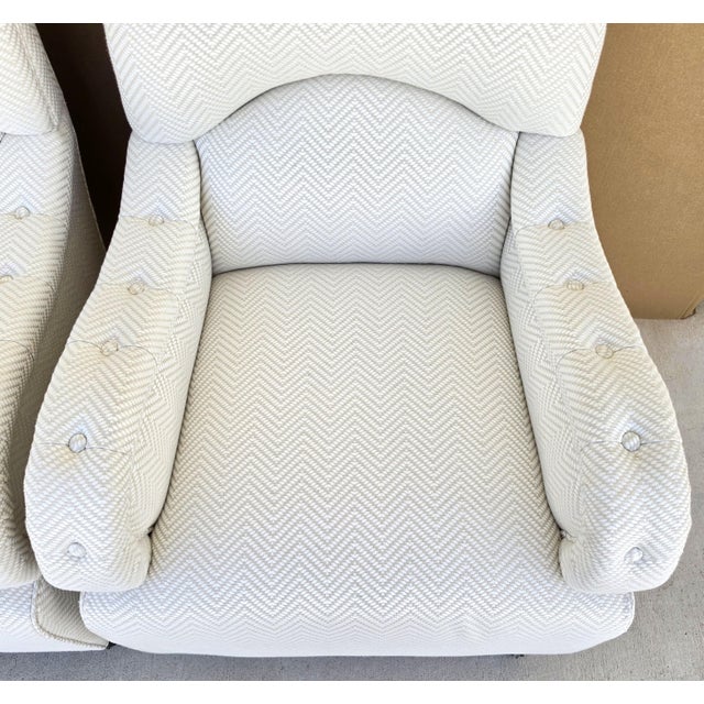 Baker Furniture English Country Scroll Arm Lounge Chairs in White Herringbone Casters Pair For Sale - Image 15 of 17