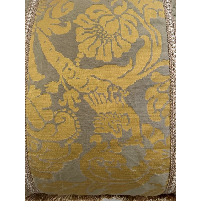 A very elegant Fortuny silk European square pillow in shades of golden yellow and grey. The reverse is in the coordinating...