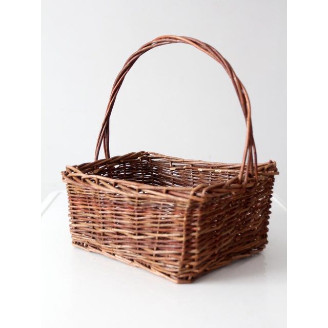 Vintage Rustic Woven Willow Market Basket With Handle For Sale - Image 6 of 12
