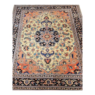 Vintage Turkish Heriz Serapi Rug, Hand-Knotted Wool, Geometric Pattern, Ivory & Blue, 9x12 For Sale