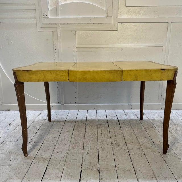 European Yellow Leather Wrapped Dining Table with Gold Trim For Sale - Image 13 of 13