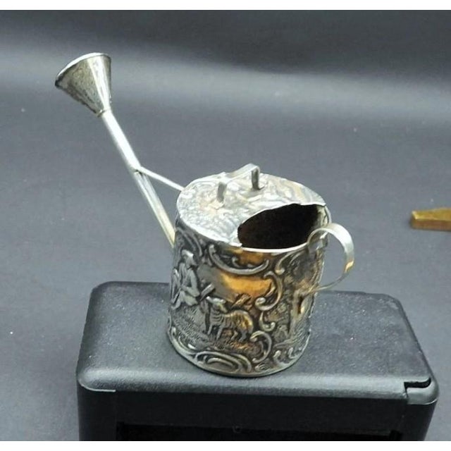 Biedermeier Antique Miniature Dutch or Hanau Continental Silver Pastoral Scene Gardening Watering Can For Sale - Image 3 of 8
