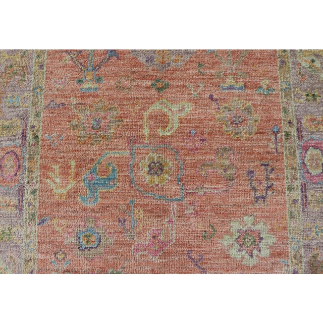2010s Hand Knotted Turkish Floral Oushak With Orange Background and Lilac Border 4'0 X 6'0 For Sale - Image 5 of 11