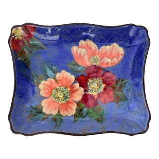 1940's Wild Roses Cobalt Blue Ceramic Catchall Dish For Sale