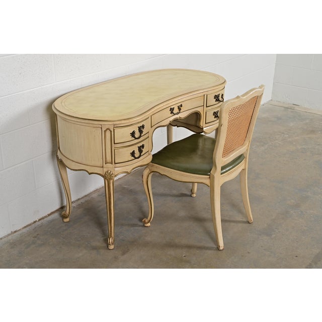 John Widdicomb John Widdicomb Style French Provincial Louis XV Cream Lacquered and Gold Gilt Leather Top Ladies Writing Desk and Chair, Circa 1950s For Sale - Image 4 of 15