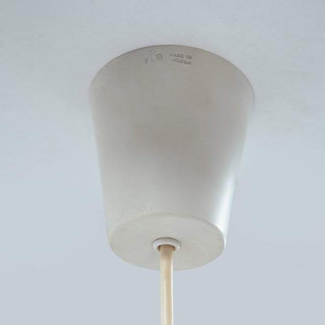 Luxus White Opaline Teak Pendant Light by Uno & Östen Kristiansson for Luxus, Sweden, 1950s For Sale - Image 4 of 7
