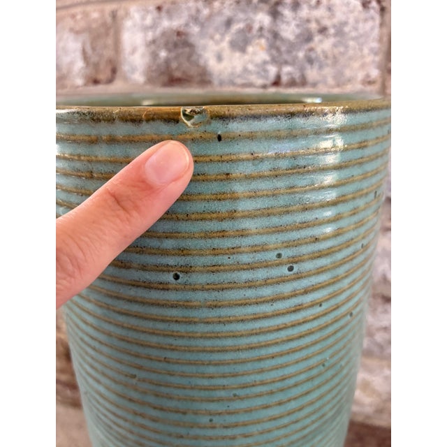 Turquoise Tall Ribbed Pottery Vase, Turquoise For Sale - Image 8 of 13